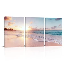 Derkymo 3 Pieces Pink Beach Canvas Wall Art Coastal Sunset Landscape Pictures...