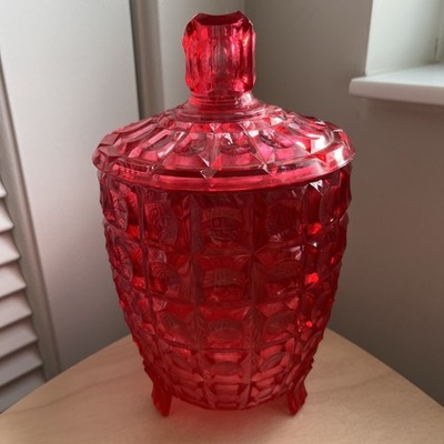 Vtg MCM Regaline Red Plastic Honeycomb Candy Dish Urn Container Footed W/ Lid