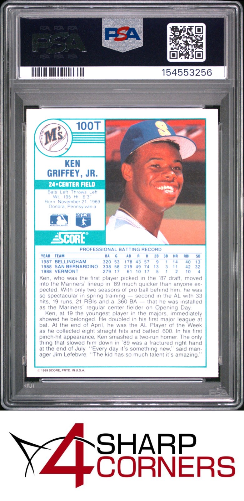 1989 SCORE TRADED #100T KEN GRIFFEY JR. RC MARINERS HOF PSA 10 view 2