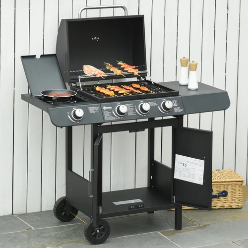 Outsunny Barbecue a Gas con Coperchio e Termometro, Fornello Laterale e 2 Ruote - Foto 2 di 10