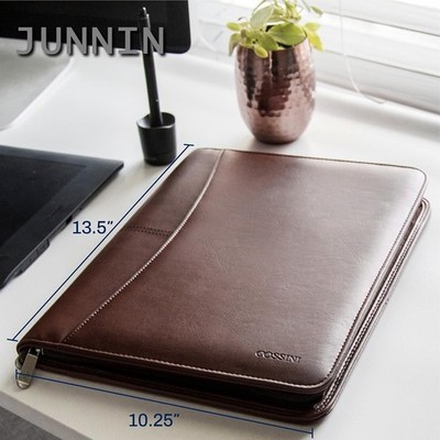 Brown PU Leather Business Portfolio Zipper Padfolio Tablet Sleeve Solar Calculat