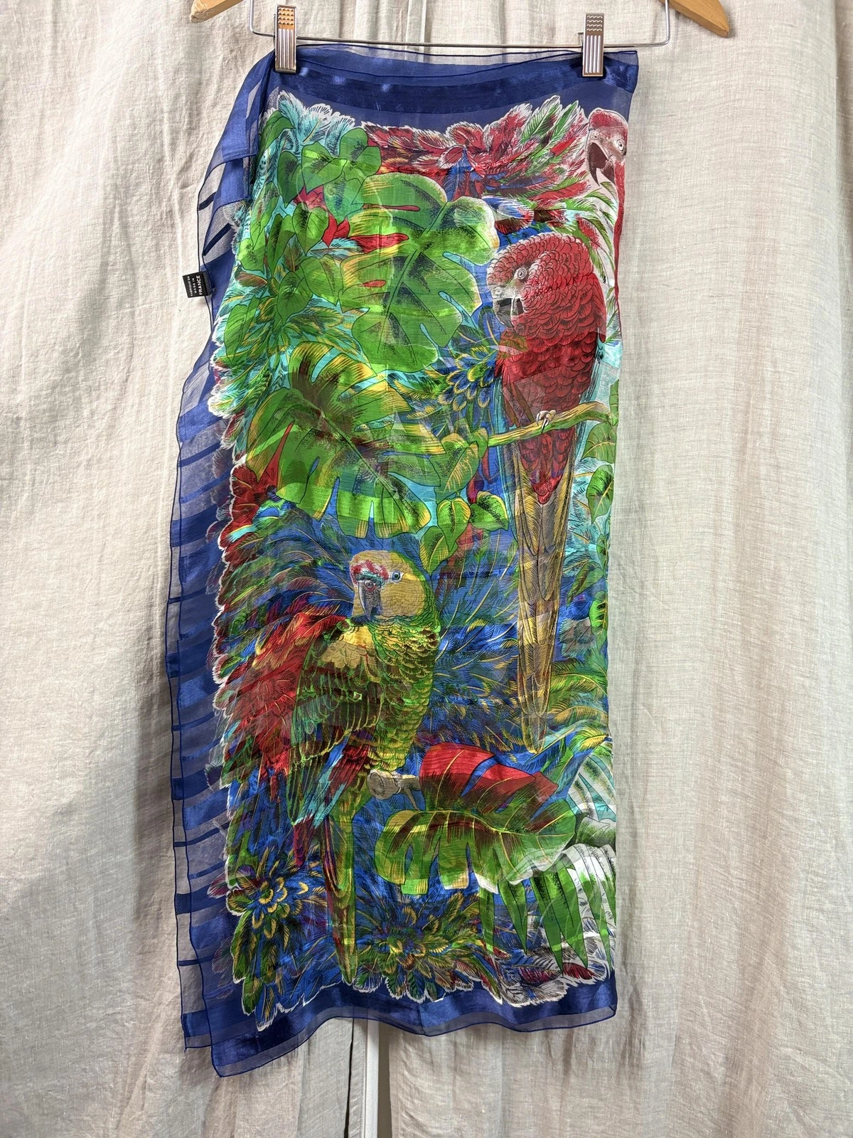 VTG Sevini Scarf Women Birds Tropical 100% Silk Made in France Resort Wear Shawl