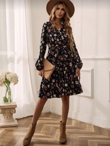 SHEIN Clasi Floral Print Surplice Neck Belted Dress NEW - Medium