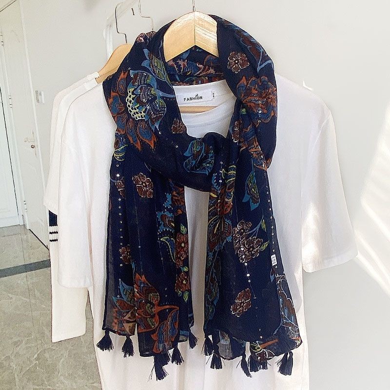 Navy Sequin Cotton Linen Scarf for Women Beach Holiday Sunscreen Shawl Wrap