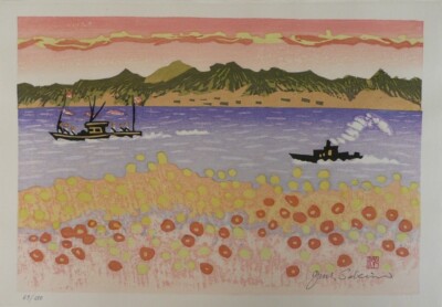 Junichiro Sekino Japan Holzschnitte Schiff Blumen Meer Himmel Bäume Landschaft