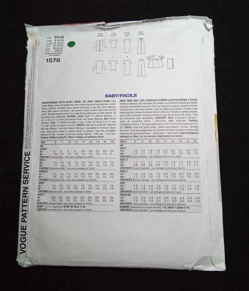 VOGUE Vintage 90s Easy Pattern 1576 Misses 6-8-10 Jacket Pants Dress Skirt Top - Image 4 of 4