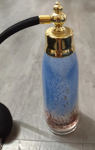 Botella de perfume vintage de vidrio artístico azul y marrón con atomizador - Imagen 3 de 9