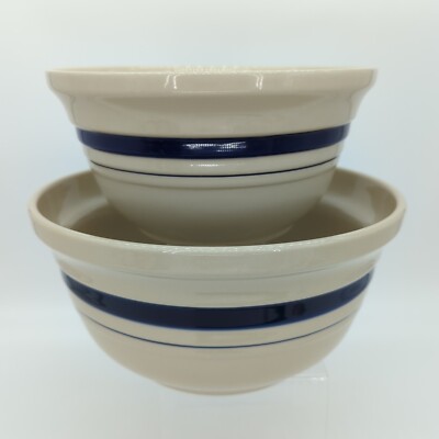 Williams-Sonoma Pottery Two Piece Set Lg Friendship Mixing Bowl Tan Blue  Stripes