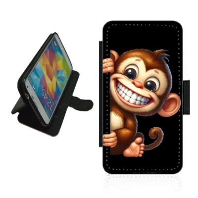 Monkey Handyhülle Wallet für iPhone Samsung Flip Drawing MON2 Peeking Smiling