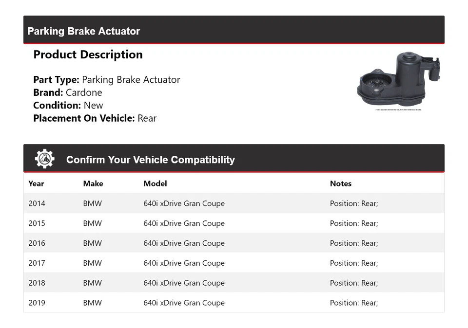 For 2014-2019 BMW 640i xDrive Gran Coupe Parking Brake Actuator Rear Cardone - Image 2 of 4