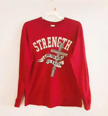 Gildan Long Sleeved Red Tee Shirt Size L Strength Comes From Within My Faith