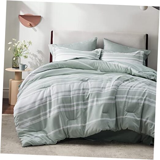 Bed in a Bag Size 7 Pieces, Sage Green White Striped Queen 03 - Sage Green