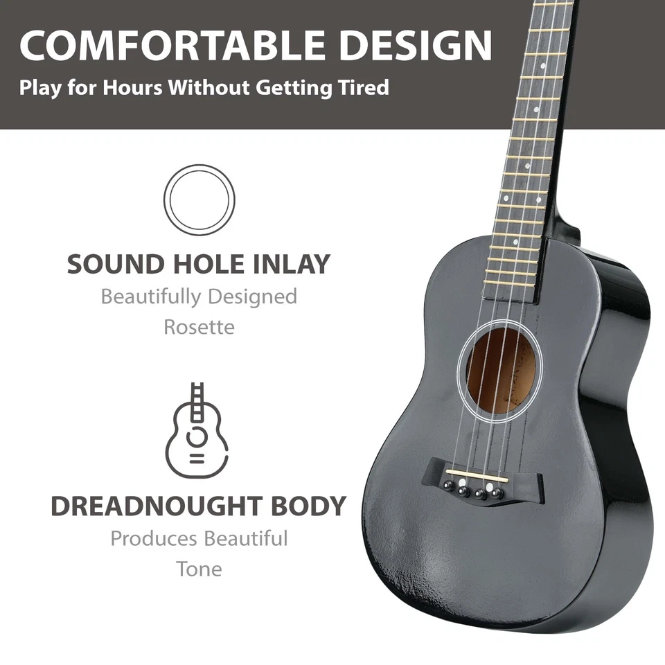 23" Concert Beginners Ukulele with Felt Pick & Spare Strings – Black - Image 3 of 4