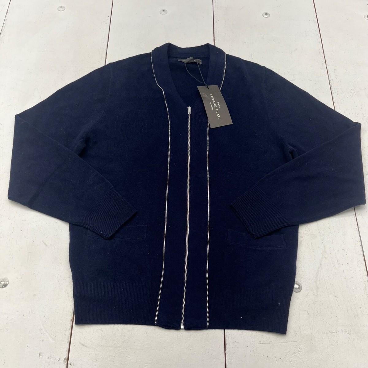 Zara Stefano Pilati Collection Navy Wool Zipper Knit Cardigan Mens