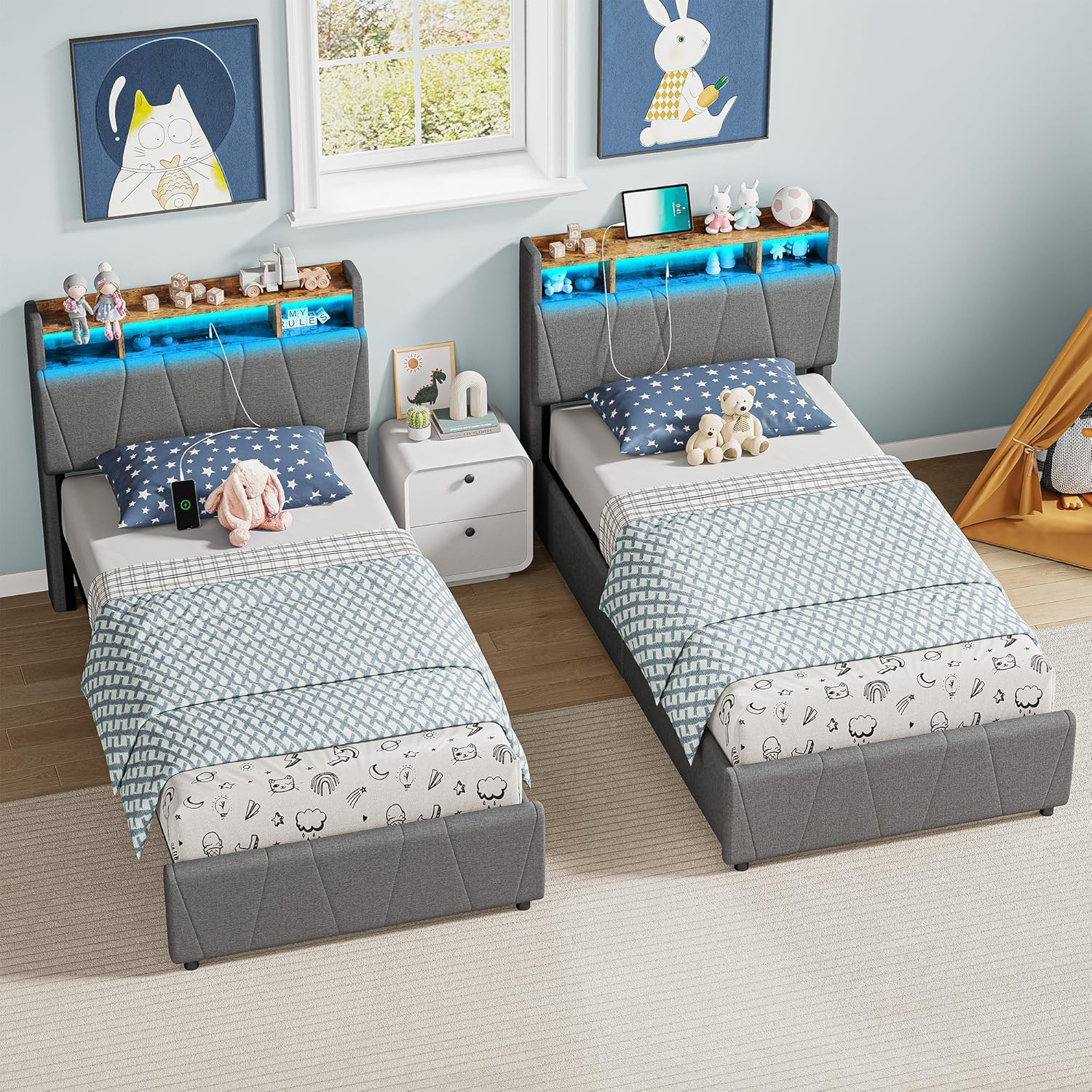 Stylish Twin Bed Frame with Storage Drawers, Charging Station & LED Lights