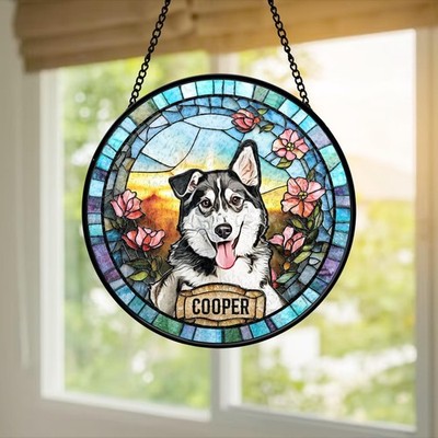 Personalized Dog Portrait Stained Glass Suncatcher, Custom Pet Memorial
