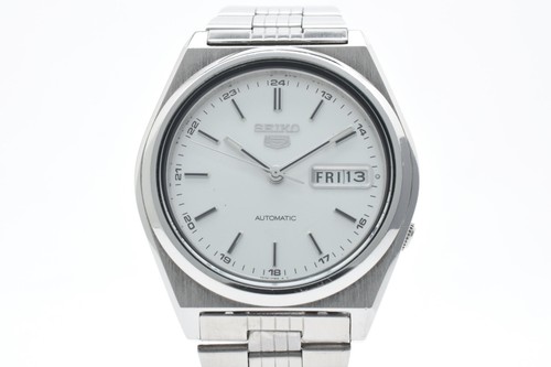 Vintage [N MINT] SEIKO 5 Five 7S26-8760 Auto White Dial Silver Men's Watch JAPAN