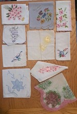 Lot of 10 Vintage Ladies Hankerchiefs Hand-stitched Flowers