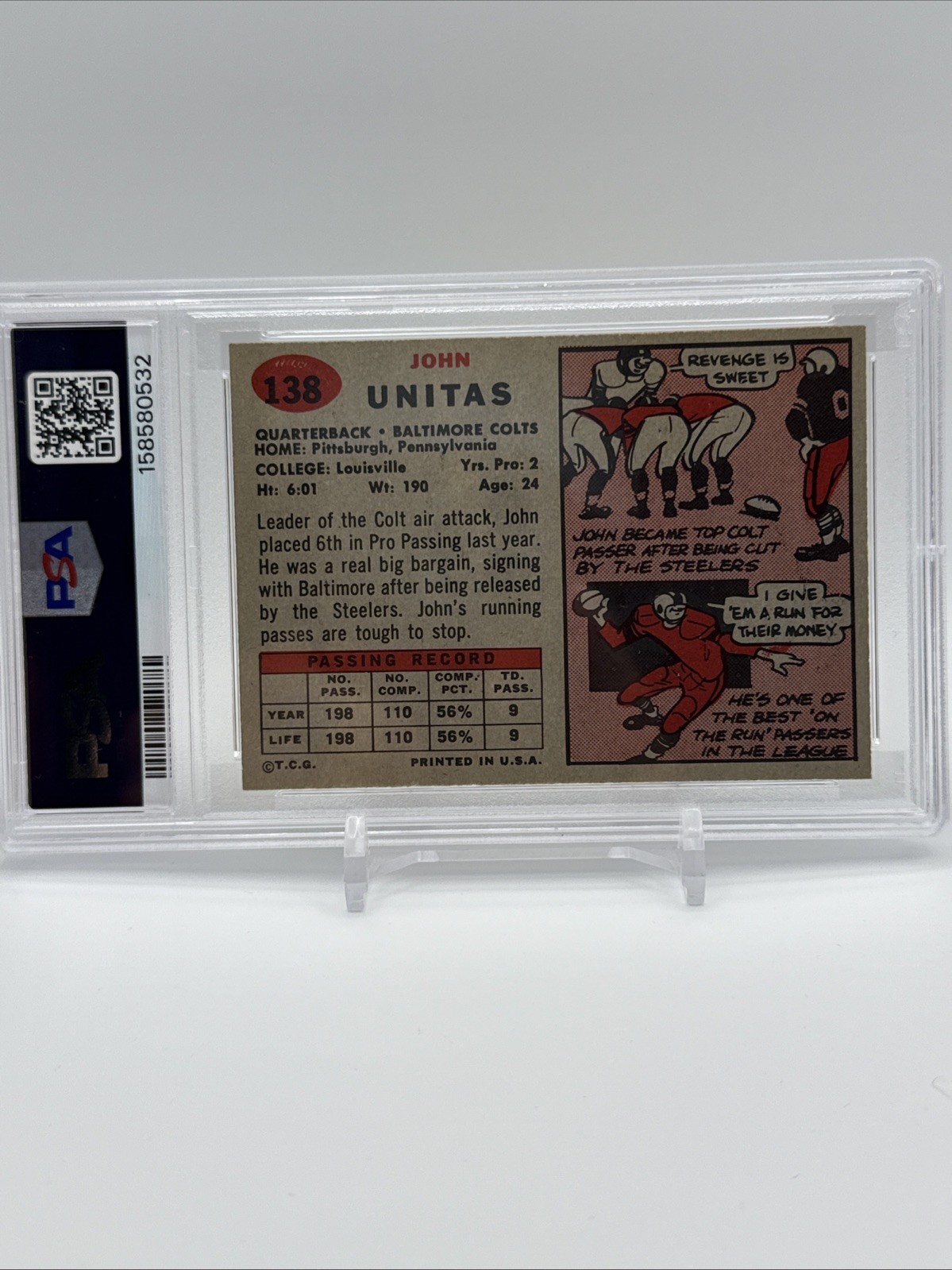JOHNNY UNITAS CENTERED 1957 TOPPS #138 PSA 7 NEAR MINT ROOKIE RC FRESHLY GRADED view 4