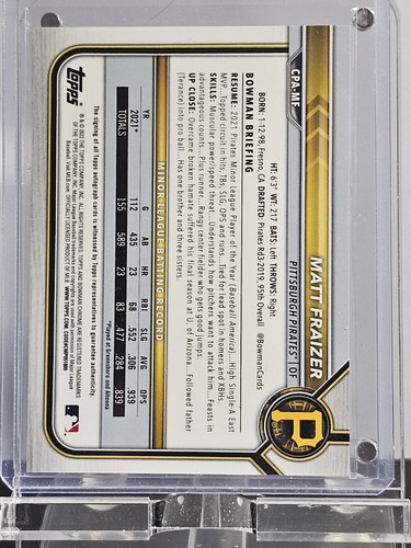 Matt Fraizer 2022 Bowman -Chrome Prospect Auto #CPA-MF Speckle Refractor Pirates - Picture 2 of 3