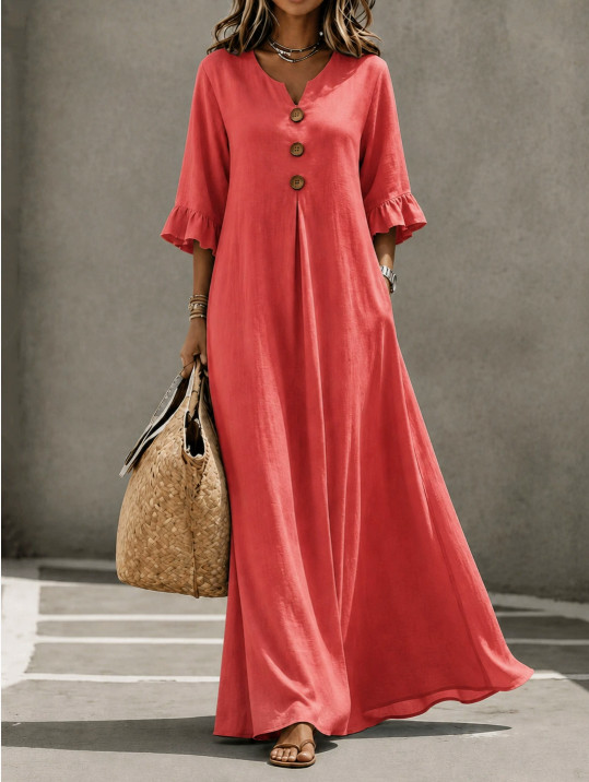Ladies V-Neck 3/4 Sleeve Ruffle Hem Maxi Dress Casual Summer Long Sundress