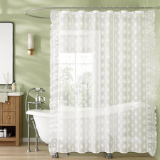 White Lace Shower Curtain with 12 Pearl Hooks, Double Ruffled Rice Pattern Sheer