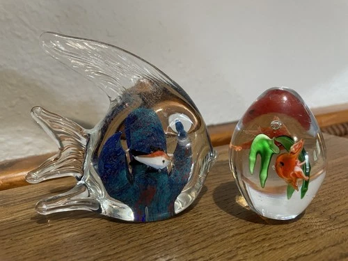 Vintage Murano Blown Glass Fish inside Angel Fish Aquarium Paperweight Set 2