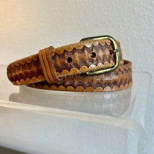 Vintage Hand Tooled Brown Leather Scalloped Sunburst Belt Western 70s Retro