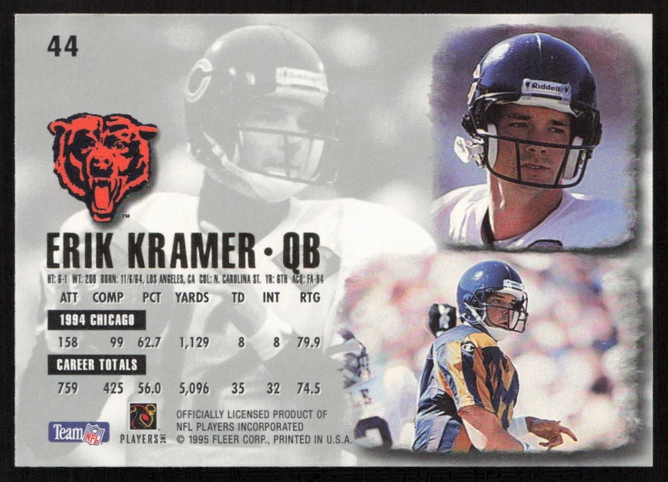 1995 Ultra Erik Kramer #44 Bears - Image 2 of 2