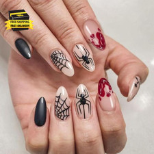 Halloween Press on Nails Almond Shape, Black Fake Nails with Spider Web Design,
