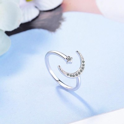 Sterling Silber Damen Mond Stern Ring verstellbar Schmuck mit Geschenktüte