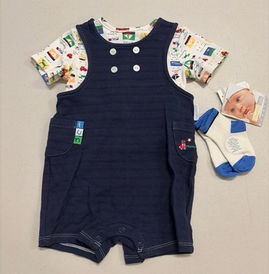 NWT Vintage Vitamins Kids Baby 3 Piece Blue Romper Outfit 6-9M