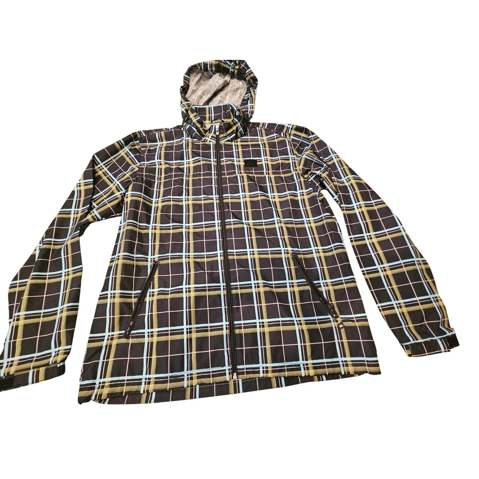 Quiksilver Windbreaker Jacket Mens Large Black Plaid Hooded Full Zip Excellent - product detail image 2