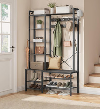 Hall Tree Coat Rack Bench Shoe Storage Shelves Hooks Entryway Unit Black Frame