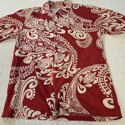 Fashion F&K Mens Red Tribal Honu Turtle Hawaiian Shirt Made in Hawaii Cotton S/M