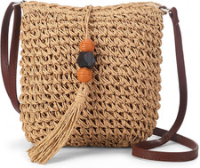 Handwoven Boho Straw Crossbody Bag with Tassel for Summer Vacations