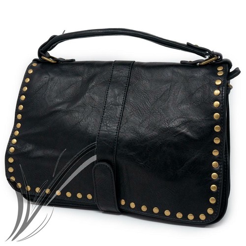 Borsa nera tracolla borchie da donna ragazza cartella postina lavoro  ufficio di | eBay