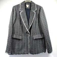 Chicos Blazer Womens M Blue Metallic Threads Fringe Collared Tweed Button Jacket