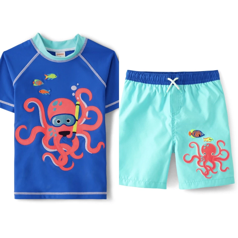Gymboree 7 Niños Splish Splash Rashguard Pantalones Cortos Conjunto Pulpo Pez Nuevo con Etiquetas Sombrero para el Sol Nadar Foto 2 de 4