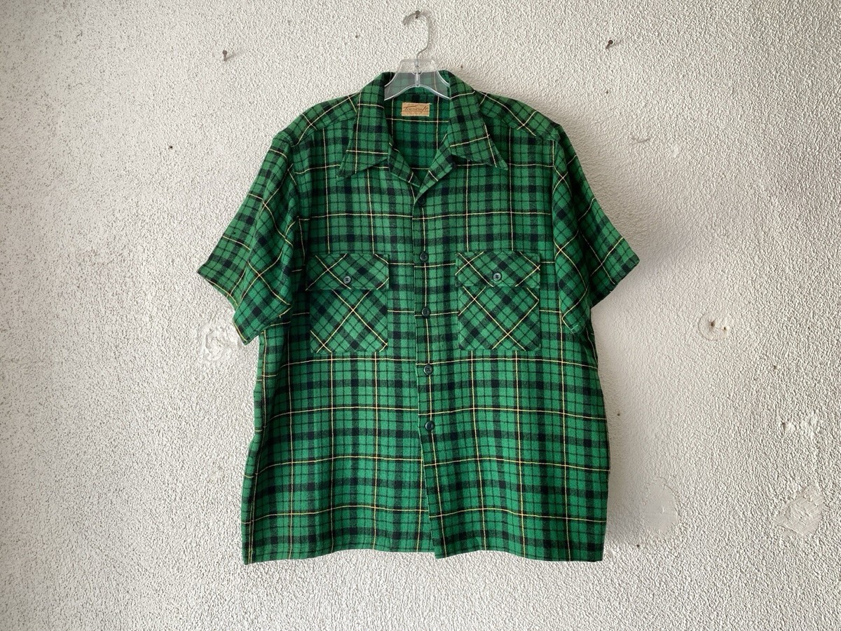 1940s/1950s vtg TOWNCRAFT green PLAID WOOL FLANNEL LOOP COLLAR 