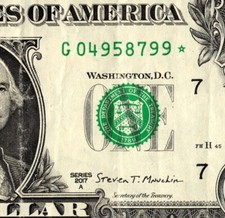 2017 G Star Note FANCY SERIAL NUMBER ONE DOLLAR Regular Run