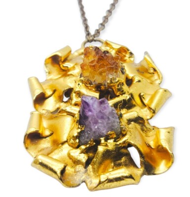 BUCH & DEICHMANN VINTAGE GOLD NECKLACE Sculpture Chunck W raw Crystals vtg 70s