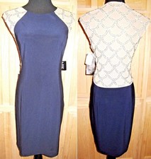 Xscape XS6489 Navy Bead Detail Contrast Stretch Jersey Sheath Dress, 14R - $220