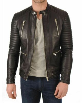 New Mens Black Genuine Soft Lambskin Leather Motorcycle Jacket Coat Zipper Biker