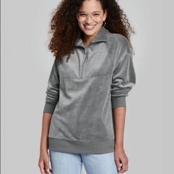 Women's Quarter Zip Velour Tunic Sweatshirt - Wild Fable Gray - Size Small