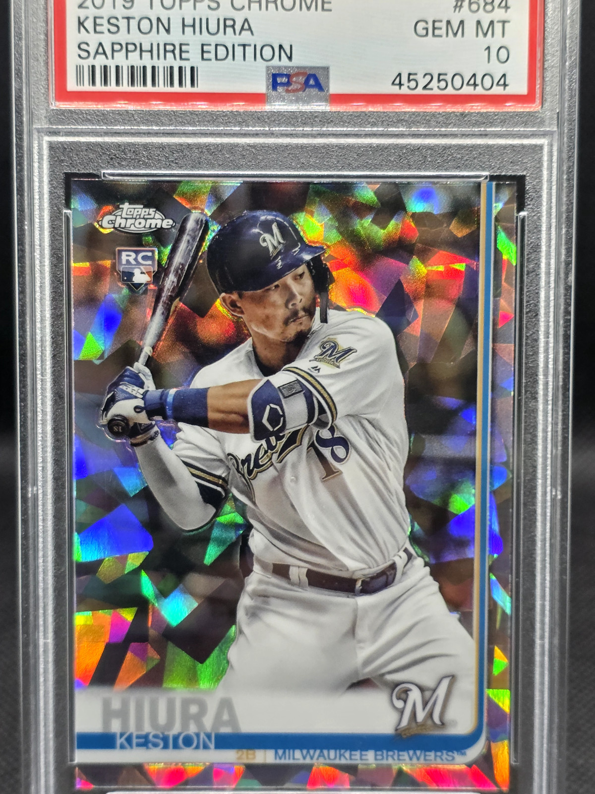 2019 Topps Chrome Sapphire #684 Keston Hiura PSA 10 GEM MT Rookie RC view 3