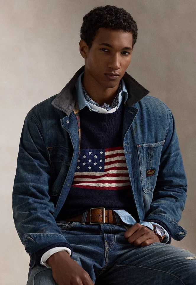 Suéter Polo Ralph Lauren Azul Marinho BANDEIRA AMERICANA Malha Gola Redonda Novo com etiquetas - Imagem 4 de 4