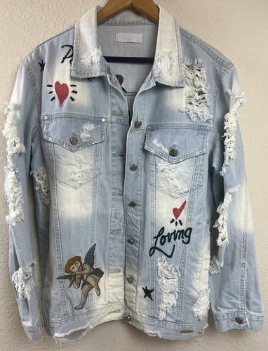 Its & Co Brazil Light Wash Distressed Embroidered Denim Jean Jacket Angel Hearts