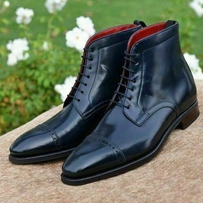 Handmade Men Black Cap toe lace up ankle high boots, Men black leather boots
