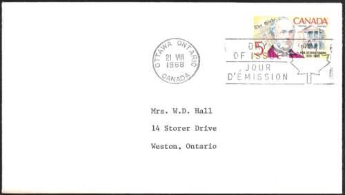 Canada  #484    GEORGE BROWN   Fine Used 1968  Addressed Issue - Picture 1 of 2